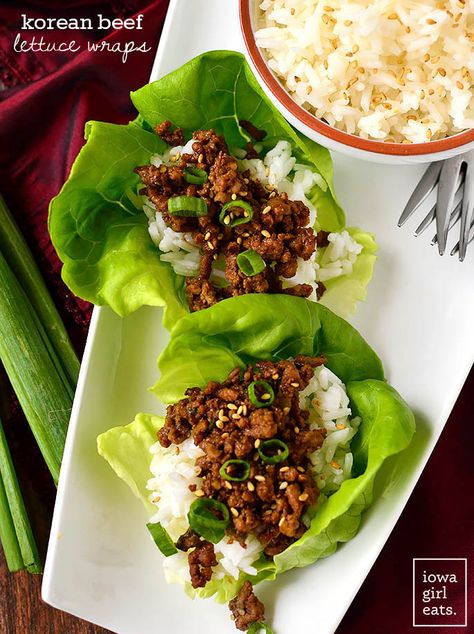 Gluten Free Ground Beef Recipes, Korean Lettuce Wraps, Korean Beef Lettuce Wraps, Wraps Easy, Beef Lettuce Wraps, Gluten Free Dinner Easy, Kitchen Staples, Lettuce Wrap Recipes, Iowa Girl Eats