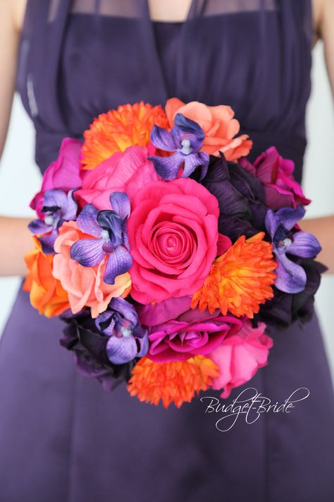 This stunning brides bouquet is hand held bouquet with a mixture of Begonia, plum and coral reef roses accented with purple orchids. This bouquet is approx 12 inches wide November Wedding Colors, Orange Purple Wedding, Pink Purple Wedding, Homecoming Flowers, Bridal Wedding Flowers, Bridal Bouquet Flowers, Brides Bouquet, Wedding Planning Timeline, Beautiful Bouquets