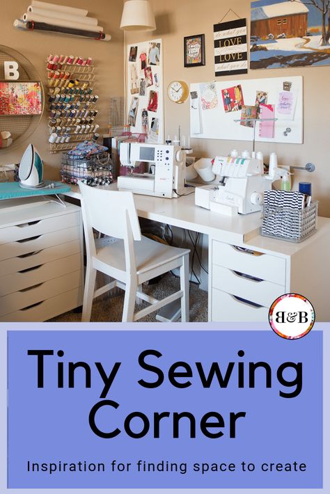 Is a lack of space cramping your creative style?  You can still make awesome stuff without a dedicated sewing room! This creative space, including a corner sewing table, takes up just 30 square feet! Tiny Sewing Room, Small Sewing Room, Corner Sewing, Small Sewing Space, Sewing Closet, Small Sewing Rooms, Sewing Nook, Sewing Station, Sewing Room Inspiration