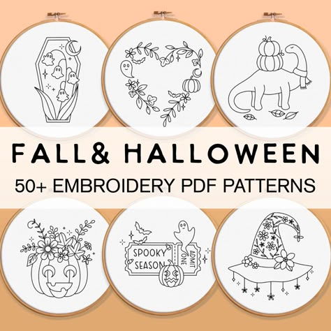 This listing is for more than 50 Fall and Halloween embroidery pattern templates. It is for hand embroidery, and is NOT suitable for machine embroidery. You will not receive any physical products as this is a DIGITAL DOWNLOAD ONLY. After purchasing you will receive a PDF file. Open the file and click on the link. This will take you to the Google Drive where you will be able to download an A4 sized PDF pattern template for each of the designs in this listing, plus a few others not pictured. It co Free Halloween Embroidery Patterns, Halloween Embroidery Patterns Free, Embroidery Patterns Halloween, Autumn Embroidery Patterns, Fall Embroidery Patterns, Fall Hand Embroidery, Halloween Embroidery Patterns, Spooky Embroidery, Bone Embroidery