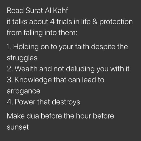 Friday~ Read Surah Al-Kahf. Benefits Of Surah Kahf On Friday, Surahs To Read After Each Salah, Surah Al Kahf Friday Reminder, Surah Kahf On Friday, Halal Quotes, Surah Kahf, Surah Al Kahf, Al Kahf, Islamic Center