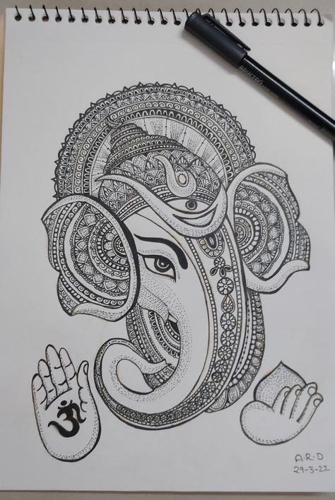 Ganesh Drawing Easy, Pen Art Mandala, Ganesh Mandala, Ganesh Drawing, Simple Mandala Design, Ganesha Drawing, Ganesh Art Paintings, Easy Mandala Drawing, Mandela Art