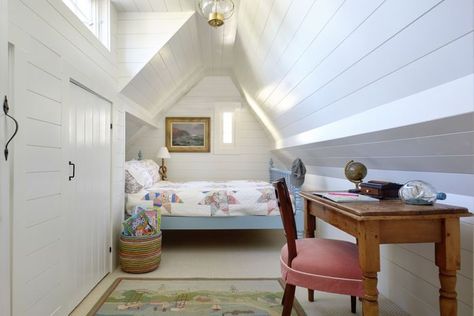 With working from home in mind, interior designer Carey Karlan, of Darien, Conn., tucked a wooden desk against this angled bedroom wall. PHOTO: PAUL JOHNSON Slanted Ceilings: An Opportunity for Serenity and Charming Interior Design - WSJ Room With Angled Ceiling, 1950 Cartoon, Corner For Reading, Cartoon Cinderella, Angled Bedroom, Charming Interior, Slanted Walls, Angled Ceiling, Funky Wallpaper