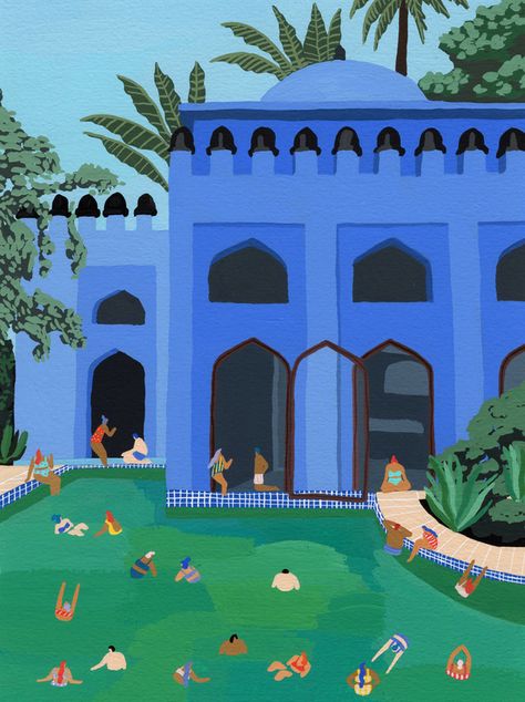 Walls | Artfully Walls Morocco Illustration, Pool Architecture, Swimming Pool Architecture, Artfully Walls, Building Art, Affordable Art Prints, Travel Wall Art, Party Poster, Gouache Painting