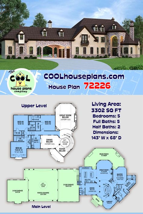 Beautiful French country home plan with impressive porte cochere and parking for up to 5 automobiles. A spacious 5 bedroom house plan with 5 bedrooms, 7 bathrooms, 3300 square feet and a 1700 sq ft unfinished basement.  A popular floor plan with formal dining, large great room, gourmet kitchen, library, large master suite, and 12 ft deep rear porch with optional fireplace on the main level. On the second floor three bedrooms, three baths and a laundry area. European home plan collection. European French Country House, Bedroom French Country, Kitchen Library, 5 Car Garage, Bedroom French, 5 Bedroom House Plans, Custom Floor Plans, French Country House Plans, Free House Plans