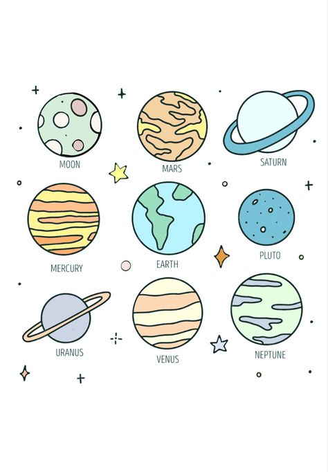 Cute Space Drawings Easy, How To Draw The Moon, Planet Drawing Simple, Cute Space Doodles, Galaxy Drawing, Makerspace Projects, Science Cartoons, Science Doodles, Planets Aligned