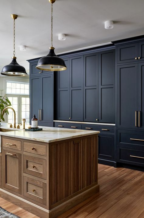 Grafton Colonial Dark Kitchen Aesthetic, Modern Kitchen Makeover, Patterned Tile Backsplash, Navy Kitchen, Kitchen Cabinet Ideas, Modern Colonial, Makeover Tips, Innovative Kitchen, Glass Front Cabinets