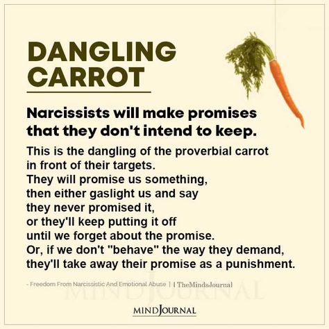 DANGLING CARROT  Narcissists will make promises that they don't intend to keep. This is the dangling of the proverbial carrot in front of their targets. Dangling Carrot, Things Narcissists Say, Daughters Of Narcissistic Mothers, What Is Narcissism, Narcissism Relationships, Better Mental Health, Narcissistic People, Narcissistic Mother, Two Faced