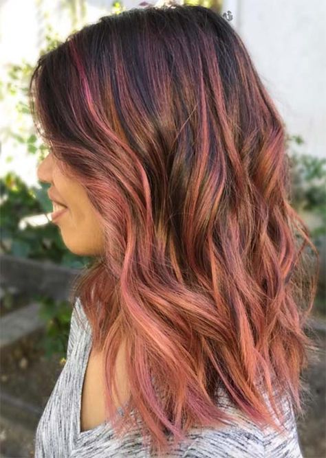 52 Charming Rose Gold Hair Colors to Try in 2022 - Glowsly Dusty Rose Highlights Brunette, Rose Gold Copper Balayage, Rose Gold Lowlights Brunette, Medium Rose Gold Hair, Copper Rose Gold Hair Balayage, Rose Gold Hair Color Ideas, Gold Hair Color Ideas, Balayage Hair Rose, Rose Gold Hair Color