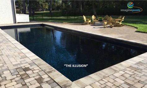 Happiness is being one of the first to enjoy our new Imagine Pools fiberglass swimming pools, "The Illusion."  The color here is Volcanic Black which reflects light but if you look at the pool diagram, you'll see the full-width Splash Deck plus contemporary steps towards the pool area.  Talk to your local Imagine Pools dealer to learn more - and have your family swimming this summer. Imagine Pools, Pool Resurfacing, Swimmer Problems, Family Swimming, Fiberglass Swimming Pools, Swimming Quotes, Pool Colors, Competitive Swimming, Competitive Swimming Suits