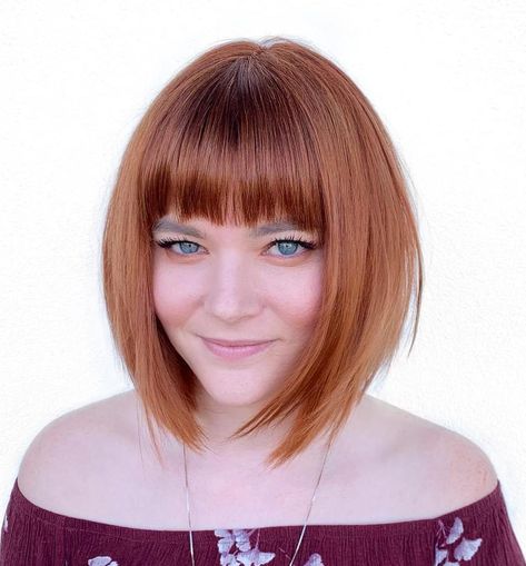 Straight A-Line Bob with Bangs A Line Bob With Bangs, Bobs For Round Faces, A Line Haircut, Bob Hairstyles For Round Face, Hairstyles For Fat Faces, Κούρεμα Bob, Bob Haircut For Round Face, Tan Skin Blonde Hair, Flattering Hairstyles