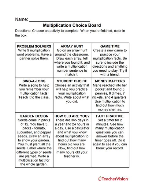 Three New Choice Boards For Your Math Classroom - TeacherVision Math Choice Board, Blended Learning Models, Math Choice Boards, Morning Announcements, Report Card Comments, Choice Board, Student Choice, Choice Boards, Learn Math