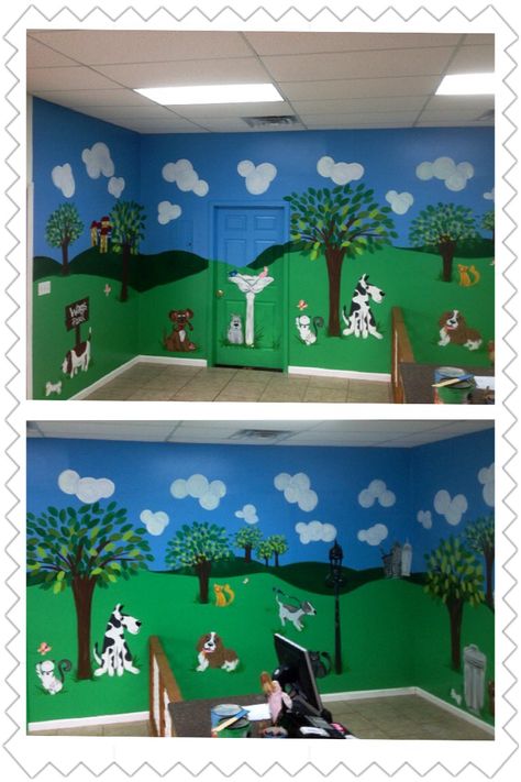 I painted this 'doggie park' mural for WAGS dog grooming shop. Dog Mural Wall Art, Dog Daycare Mural, Dog Daycare Decor, Dog Mural Ideas, Dog Mural Wall, Doggie Room Ideas, Dog Murals, Room Ideas Beach, Dog Daycare Design