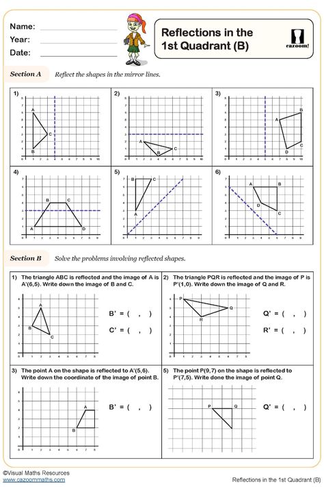 Grade 5 Worksheet: Reflecting in 1st Quadrant Year 5 Maths Worksheets, Reflection Math, Reflective Symmetry, Algebra Equations Worksheets, Year 5 Maths, Equations Worksheets, Ks2 Maths, Coordinate Geometry, Angles Worksheet