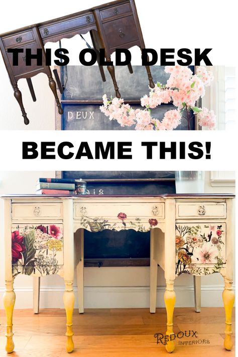 How to Restore and Pant a Colorful Desk Redoux Painted Desk Ideas, Sewing Desk Makeover, Desk Refurbish, Iron Orchid Designs Transfers, Vintage Desk Makeover, Decoupage Desk, Upcycle Desk, Iod Transfers, Desk Makeover Diy