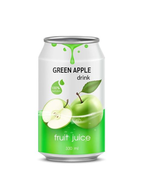 Green apple juice soft drink in aluminum can and design of apple fruit green packaging mock up.  Isolated on a white background. Realistic vector EPS10 illustration. Soft Drink Packaging Design, Natural Juice Packaging, Green Apple Juice, Juice Ad, Green Packaging, Natural Juice, Apple Drinks, Juice Packaging, Vector Frame