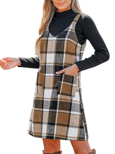 PRICES MAY VARY. [Premium Fabric]: The dress is made of 80% polyester and 20% cotton so that it is breathable and cozy with slightly elasticity. [Unique Design]: The Plaid V-Neck Mini Pinafore Dress. This dress features a classic plaid pattern and a flattering V-neckline, making it a timeless addition to your wardrobe. Step into this pinafore dress and add a dash of retro-inspired style to your everyday look, perfect for those who appreciate a blend of nostalgia and fashion-forward flair. [Perfe Fall Dresses For Women, Green Plaid Dress, Plaid Dresses, Overalls Dress, Woolen Dresses, Red Plaid Dress, Womens Fall Dress, Fall Wear, Fall Dress