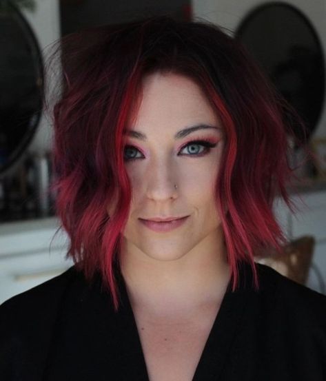 Vibrant Red Highlights, Cool Pink Hair, Highlight Hair Ideas, Pink Haircut, Cotton Candy Pink Hair, Pink Hair Streaks, Pink And Orange Hair, Dark Pink Hair, Pink Balayage