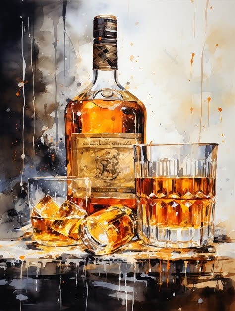 Whiskey Art Painting, Alcohol Art Bottle, Whiskey Bottle Painting, Alcohol Bottle Painting, Alcohol Bottles Aesthetic, Whiskey Artwork, Whiskey Painting, Wine Watercolor, Whiskey Art