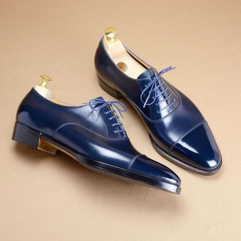 Handmade Leather Oxford Navy Blue Colour Cap Toe Formal Dress Shoes For Men's - Dress/Formal Navy Blue Dress Shoes, Navy Dress Shoes, Navy Velvet Dress, Navy Blue Formal Dress, Blue Dress Shoes, Making Shoes, Dress Shoes For Men, Prom Dress Shoes, Oxford Shoe