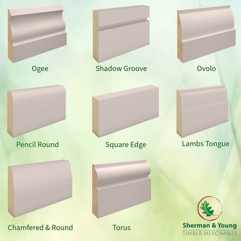 Elevate Your Space with MDF Skirting & Architrave from Sherman & Young Timber Choose from 8 different profiles, pre-primed for one-coat finish, knot-free perfection for a seamless look. https://www.shermanyoung.co.uk/shop/interiors/skirting-boards-architraves/mdf-mouldings/ #shermanyoungtimber #ashtoninmakerfield #wigan #mdf #primed #skirtingboard #architrave #home #interior #design #ogee #shawdowgroove #ovolo #pencilround #squareedge #lambstongue #chamferedround #torus Architraves And Skirting, Skirting Board Profiles, Mdf Skirting, Skirting Boards, Shop Interiors, Home Interior, Uk Shop, Home Interior Design, Knot