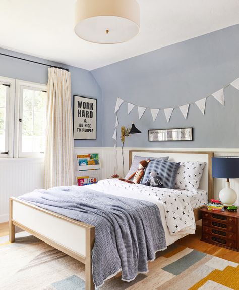 Blue, Mustard and white make for a very cute color palette for a little boy's room Em Henderson, Kids Shared Bedroom, Big Boy Bedrooms, Big Kids Room, Toddler Boys Room, Shared Bedroom, Dekorasi Kamar Tidur, Emily Henderson, Toddler Bedrooms