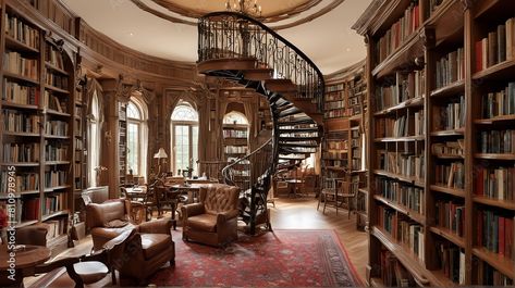 vintage home library with a spiral staircase leading to a second level of bookshelves. side view Stock Photo | Adobe Stock Staircase Landscape, Vintage Home Library, Spiral Staircases, Home Library Design, Library Design, Spiral Staircase, Home Library, Vintage Home, Side View