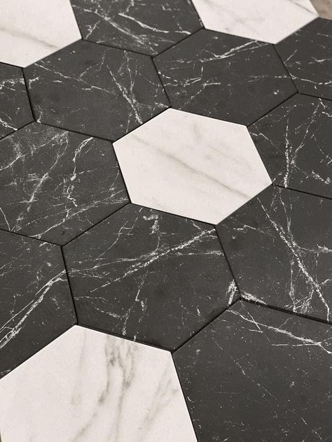 Cosmo Black Marbled Porcelain Hexagon Tile Sample ships for free from Tile Club! Order your mosaic tile sample to preview the material, color, and design in person. Tile samples are typically 4” x 5” pieces cut from a full-size tile sheet and are not intended to be installed. Home Floors, Black Hexagon Tile, Porcelain Hexagon Tile, Honeycomb Tile, Hexagon Floor, Hexagon Tile Floor, Wood Wall Design, Hexagon Tile, Shower Installation