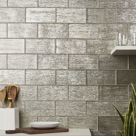 Check this photo out! Glitter Subway Tile, Beveled Tile Backsplash, Clear Glass Backsplash Kitchen, Brass Backsplash Kitchen, Kitchen Tile Backsplash Trends 2024, Gold Backsplash Kitchen, Glass Mosaic Backsplash Kitchen, White Glass Backsplash, Metal Backsplash Kitchen