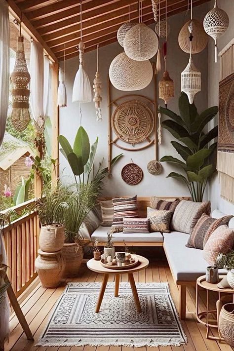 Outdoor Daybed Ideas, Boho Balcony Decor, Patio Ideas Townhouse, Boho Balcony Ideas, Small Porch Decorating, Boho Balcony, Boho Chic Interior, Stile Boho Chic, Small Balcony Design