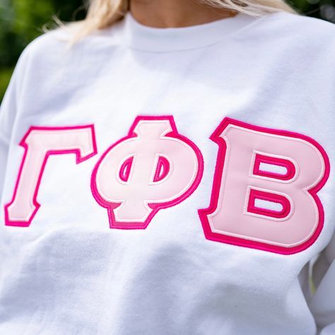 Sorority Letter Sweatshirts Ideas, Sorority Letter Sweatshirts, Sorority Block Letters Shirts, Pink Sorority Letters Sweatshirt, Stitched Letters Sorority, Letter Shirts Sorority, Sorority Embroidered Sweatshirt, Sorority Stitched Letters, Sorority Letter Shirts