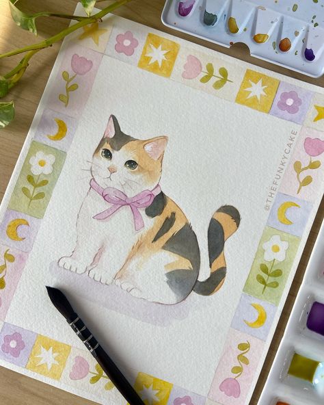 Painting a cute calico cat 🌷 (The last photo represents my 2 moods) I loved doing this cute frame design for this illustration, if you are looking for something easy and relaxing to paint I highly recommend it ❤️ #watercolor #cats #cutecat #calicocat #catart #catillustration #cuteart #artgallery #illustration #watercolorart #artsy Calico Cat Painting Easy, Calico Cat Watercolor, Cute Calico Cat, Cute Frame, Watercolor Cats, Cat Watercolor, Cute Frames, Illustration Ideas, Painting Inspo