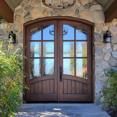 Select Alder Exterior Doors featuring Baroque style glass and light distressing. Finished in Sun Mountain's Hope Mountain Glaze. #entryway #wooddoor #sunmountaindoors #customfrontdoor #customdoors Large Wood Exterior Door, Front Door Mountain Home, Mountain Home Entry Door, Rustic Double Entry Doors, Arched Entry Doors Us Door & More Inc, Door House, Custom Front Doors, Brown Doors, Custom Doors