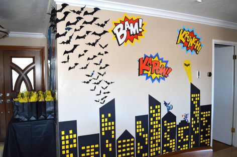 Modern Batman Party, Gotham City Birthday Party, Gotham City Party Decorations, Gotham Themed Party, Gotham City Decorations, Batman Halloween Decorations, Gotham City Party, Batman Decorations Party, Batman Birthday Party Decorations