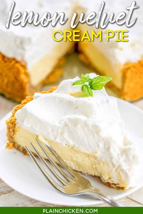 Lemon Velvet Cream Pie - hands down THE BEST lemon pie EVER!!! Everyone raves about this pie. Graham cracker crust, gelatin, egg yolks, sweetened condensed milk, whipping cream and lemon juice, powdered sugar. Can make a day or two in advance and top with fresh whipped cream before serving. I wanted to lick my plate! A must for all your holidays and dinner parties! Gelatin Egg, Butterfinger Pie, Dessert Pies, Sugar Cream Pie, Meringue Tart, Lemon Icebox Pie, Southern Peach Cobbler, Lemon Cream Pies, Lemon Cakes