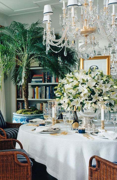 The Ralph Lauren Chinoiserie Dining Room Dining Table Place Settings Everyday, Chinoiserie Dining Room, Casablanca Lilies, Blue And White Dining Room, Fern Tree, Potted Palms, Food Beautiful, White Dining Room, Summer Lunch