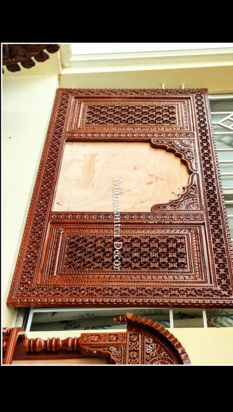 Wooden Jharokha / Mirror frames – Manvantra Decor Wooden Jharokha Decor, Jharokha Decor, Jharokha Mirror, 3d Art Painting, Brass Wall Hanging, Wooden Corbels, Indian Women Painting, Brass Animals, Pooja Room Door Design