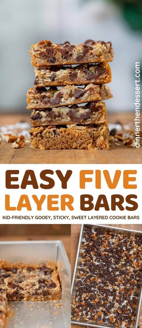 Easy Five Layer Bars are easy, gooey, sticky sweet cookie bars. #dessert #fivelayerbars #dessertbars #chocolate #caramel #dinnerthendessert Dessert With Chocolate Chips, Layer Bars Recipe, Vegan Sweetened Condensed Milk, Dessert With Chocolate, Homemade Sweetened Condensed Milk, Sweet Bars, Bars Dessert, Desserts With Chocolate Chips, Brownie Desserts Recipes