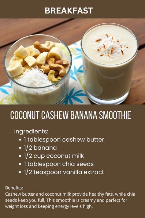 Indulge in this creamy coconut cashew smoothie for breakfast. It's packed with healthy fats and fiber, perfect for weight loss and morning energy. Healthy Smoothies With Coconut Water, Coconut Yogurt Smoothie, Coconut Banana Smoothie, Banana Cashew Smoothie, Cashew Milk Smoothie, Cashew Smoothie, Coconut Smoothie Bowl, Smoothie For Breakfast, Morning Energy