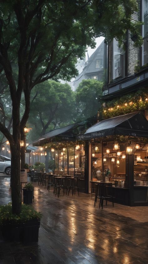 Acnh Autumn, Rain And Coffee, Rainy Day Aesthetic, Cozy Coffee Shop, Storefront Design, Coffee Shop Aesthetic, Cozy Cafe, Shop Fronts, Cityscape Art