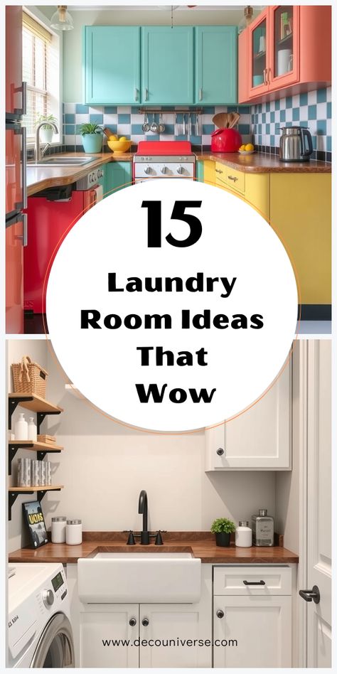 Get inspired with these laundry room ideas! From functional layouts to beautiful decor, create the perfect space for your needs. (Save for later!) Disco Laundry Room, Diy Laundry Room Ideas, Bright Laundry Room, Laundry Room Colors, Laundry Room Lighting, Formica Countertops, Classic Clocks, Laundry Room Ideas, Vintage Appliances