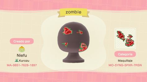 Animal Crossing Design Codes Makeup, Animal Crossing Zombie Face Paint, Acnh Zombie Design, Acnh Vampire Face Design, Custom Animal Crossing Designs, Animal Crossing Zombie, Acnh Vampire Design, Acnh Zombie, Acnh Creator Id Codes