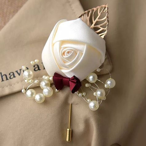 Hand-tied Satin Boutonniere (Sold in a single piece) - (123197540) Groomsmen Buttonholes, Buttonhole Flowers, Groom Buttonholes, Wedding Cushion, Groomsmen Boutonniere, Corsage And Boutonniere, Corsage Prom, Artificial Flowers Wedding, Side Business