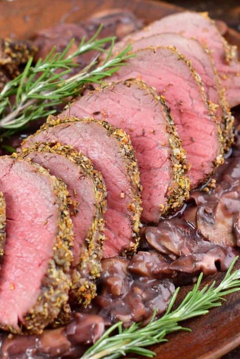 This roasted Beef Tenderloin is incredibly tender, juicy, and flavorful, it's perfect for holiday dinners and special events! The tenderloin is wonderfully seasoned with a mix of salt, pepper, garlic, and herbs to a flavor-packed bite. It tastes amazing paired with homemade mushroom red wine sauce. Beef Tenderlion, Beef Tenderloin Roast Recipes, Roasted Beef Tenderloin, Oven Roast Beef, Whole Beef Tenderloin, Will Cook For Smiles, Beef Tenderloin Recipes, Roasted Beef, Beef Tenderloin Roast