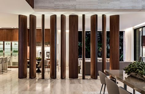 Open Floor Concept, Millwork Details, Wood Columns, Bal Harbour, Living Room Partition, Living Room Partition Design, Room Partition Designs, Partition Design, Room Partition