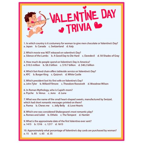 Valentines Day Trivia Questions and Answers Valentines Trivia With Answers, Valentine Trivia Questions And Answers, This Or That Valentines Day Edition, Valentines Quiz, Questions For Girls, Trivia For Seniors, Church Valentines, Valentines Games, Printable Shapes