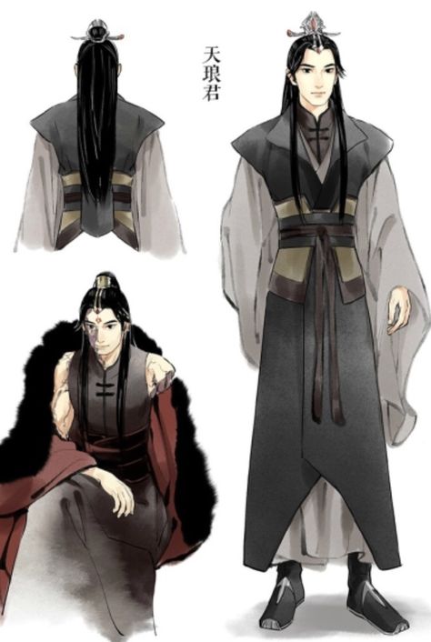 Tianlang-jun (天郎君 Tiānláng Jūn) is the former ruler of the Demon Realm. He is Luo Binghe's father and Zhuzhi-lang's uncle. Tianlang Jun's eye are described as large and profound, with tapered eyebrows that emphasise his brave and outstanding appearance. His black pupils are said to resemble two impossibly deep voids, a feature that he shares with his son. He also shares a similar smile with his son. Shen Qingqiu describes it as one that makes him "feel a hard-to-describe emotion"and that it ... Character Design Tutorial, Villain Character, Character Design Girl, Scum Villain's Self-saving System, Character Design Sketches, Fantasy Castle, Character Design Animation, Character Design Male, Asian Outfits