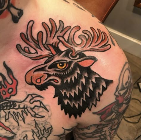 American Traditional Moose Tattoo, Moose Tattoo Traditional, American Traditional Bigfoot Tattoo, Old School Bear Tattoo, Moose Head Tattoo, Traditional Tattoo Sleeve Mens, Banger Tattoos, Traditional Arm Tattoo, Traditional Animal Tattoo