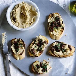 Diana Henry's crostini with anchovy and black olive relish recipe Diana Henry, White Bean Puree, Canapes Recipes, Vegetarian Christmas, Relish Recipes, Olive Relish, Party Starters, Dried Lemon, Delicious Magazine