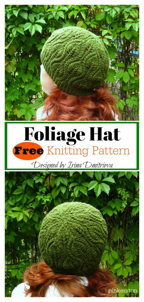 Foliage Hat Free Knitting Pattern Knitted Leaf Pattern Free Leaves, Knitted Pillbox Hat Free Pattern, Leaf Hat Knitting Pattern, Folded Brim Knit Hat Pattern, Knit Hat Pattern Free, Knitting Projects Blanket, Green Hand Knitted Beanie Cap, Hat Free Knitting Pattern, Lace Leaf